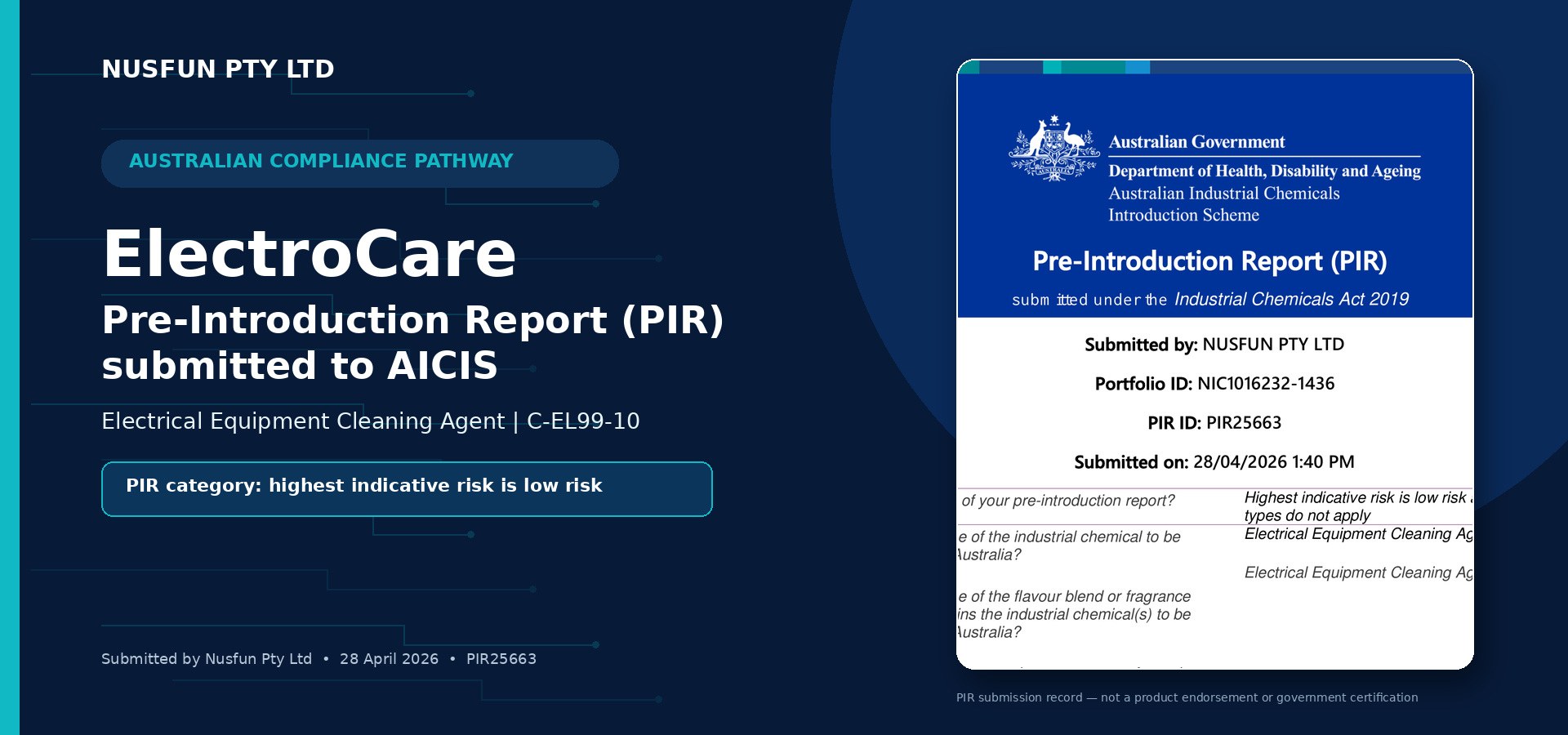 ElectroCare C-EL99-10 AICIS Pre-Introduction Report submitted by Nusfun Pty Ltd